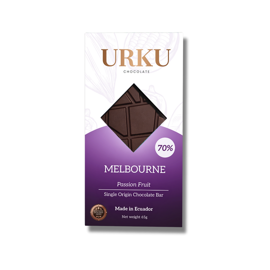 Award-winning URKU Melbourne Passion Fruit 70% Dark Chocolate Bar, a vegan and gluten-free luxury treat.