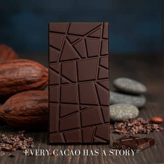 100% URKU Dark chocolate bar with geometric pattern on a wooden surface with cacao beans and stones.