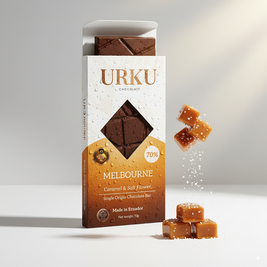 Award-winning URKU Melbourne Caramel & Salt 70% Dark Chocolate Bar, a perfect vegan gift.