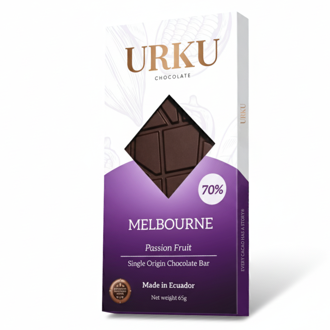 Award-winning URKU Melbourne Passion Fruit 70% Dark Chocolate Bar, a vegan and gluten-free luxury treat.