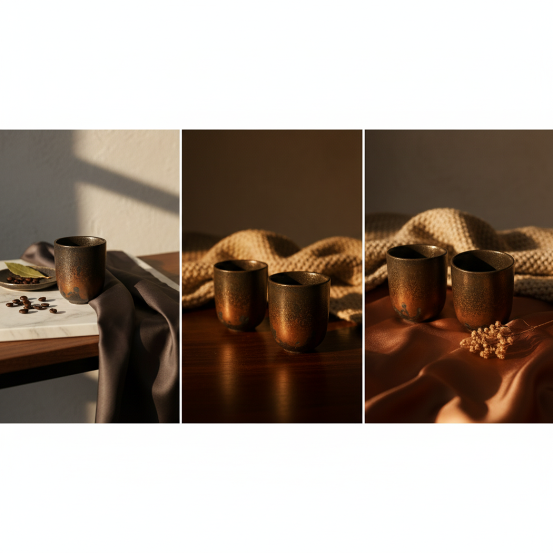 Three bronze cups on a textured surface with a warm glow.