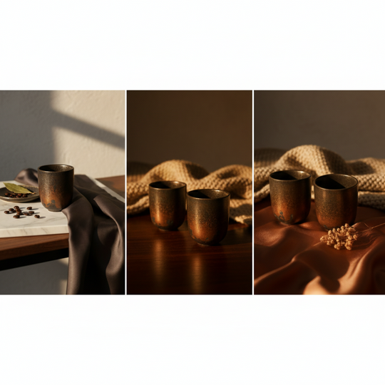 Three bronze cups on a textured surface with a warm glow.