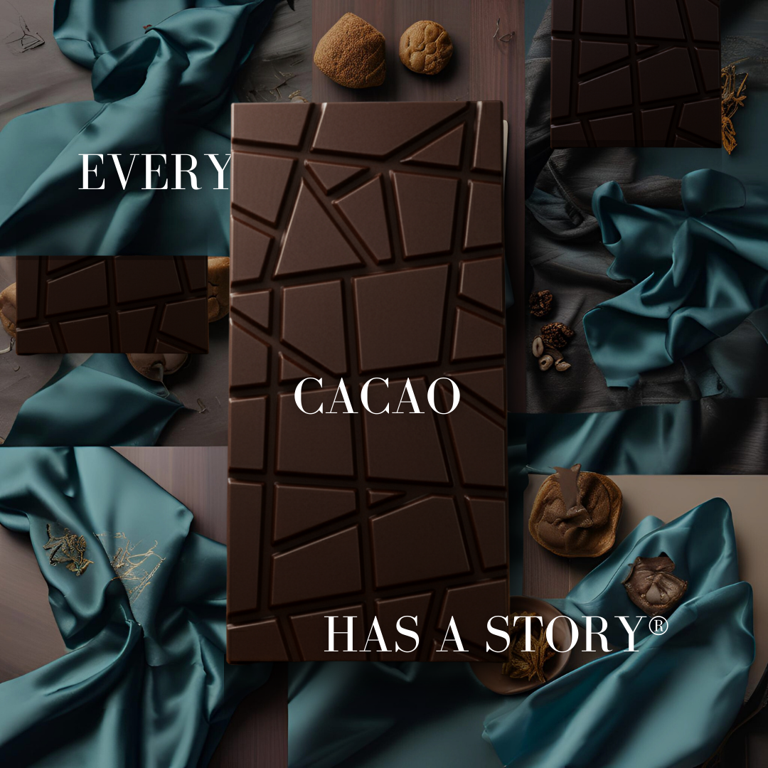 URKU Original Chocolate bar featuring a geometric pattern on a dark background, complemented by teal fabric and nuts.