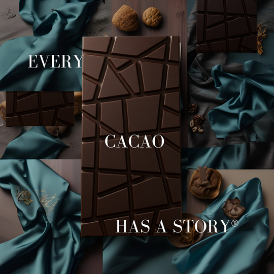 URKU Original Chocolate bar featuring a geometric pattern on a dark background, complemented by teal fabric and nuts.