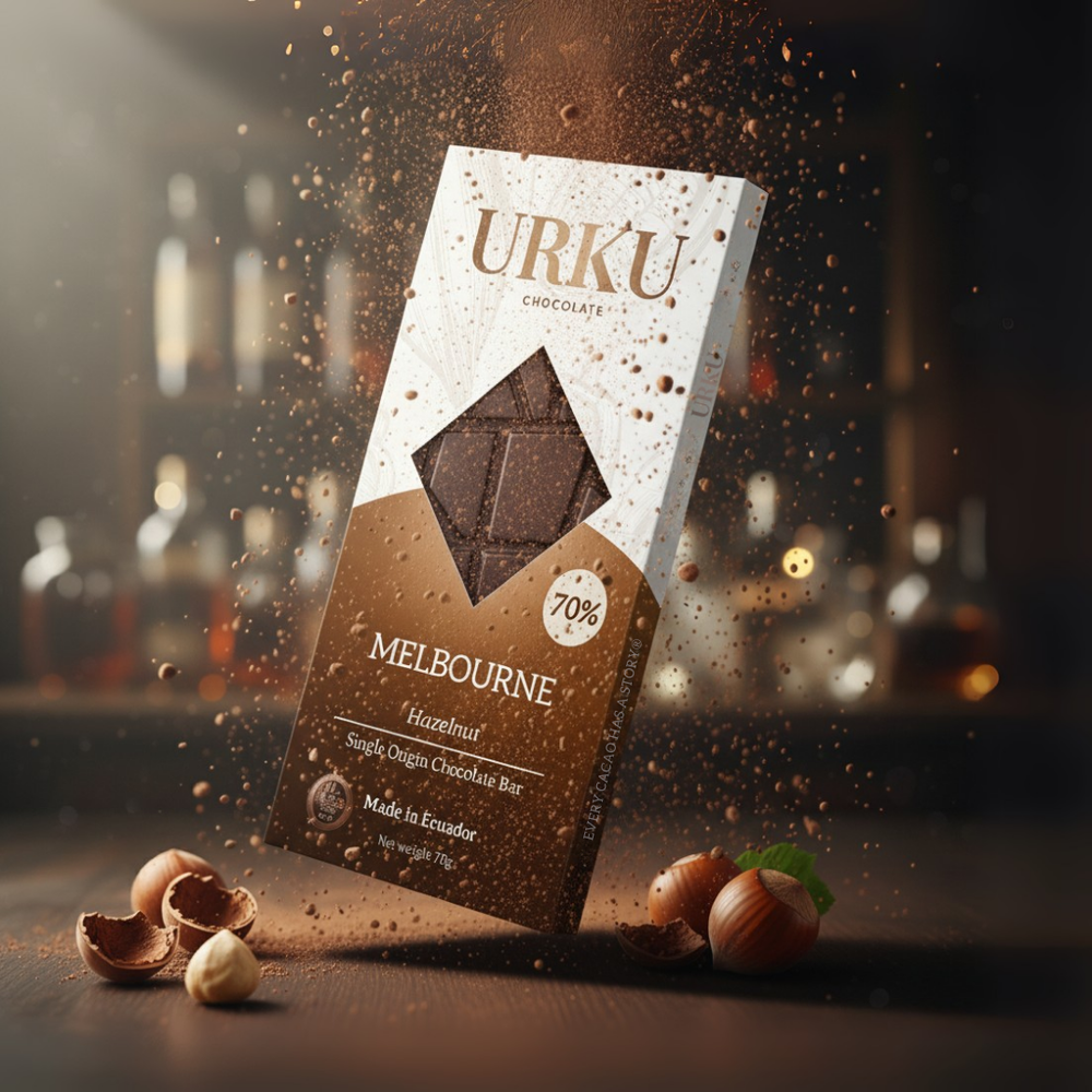 Close-up of a URKU Melbourne Hazelnut bar, showing glossy dark chocolate with large hazelnut bits visible