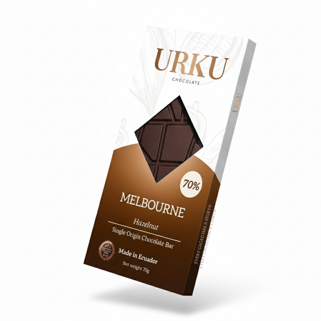 Melbourne Hazelnut URKU chocolate bar — 70% dark chocolate studded with roasted hazelnut pieces, display of the bar on a simple background.