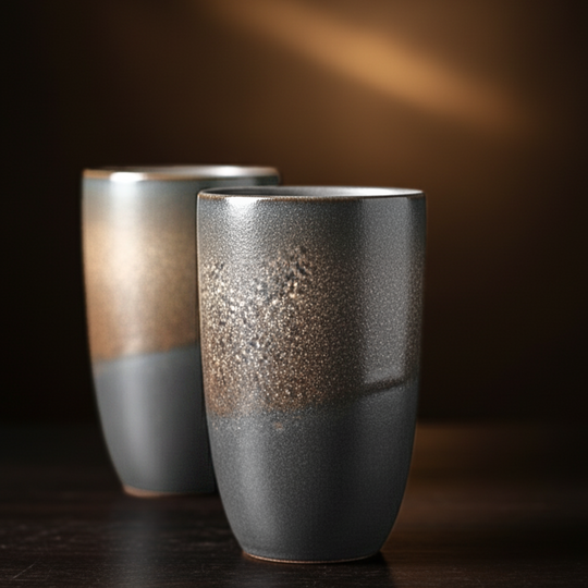 Close up for URKU Handmade Bronze ceramic Cup, inspired by "Alba", the first ray of light in the morning—two ceramic vases with a textured finish on a dark surface.