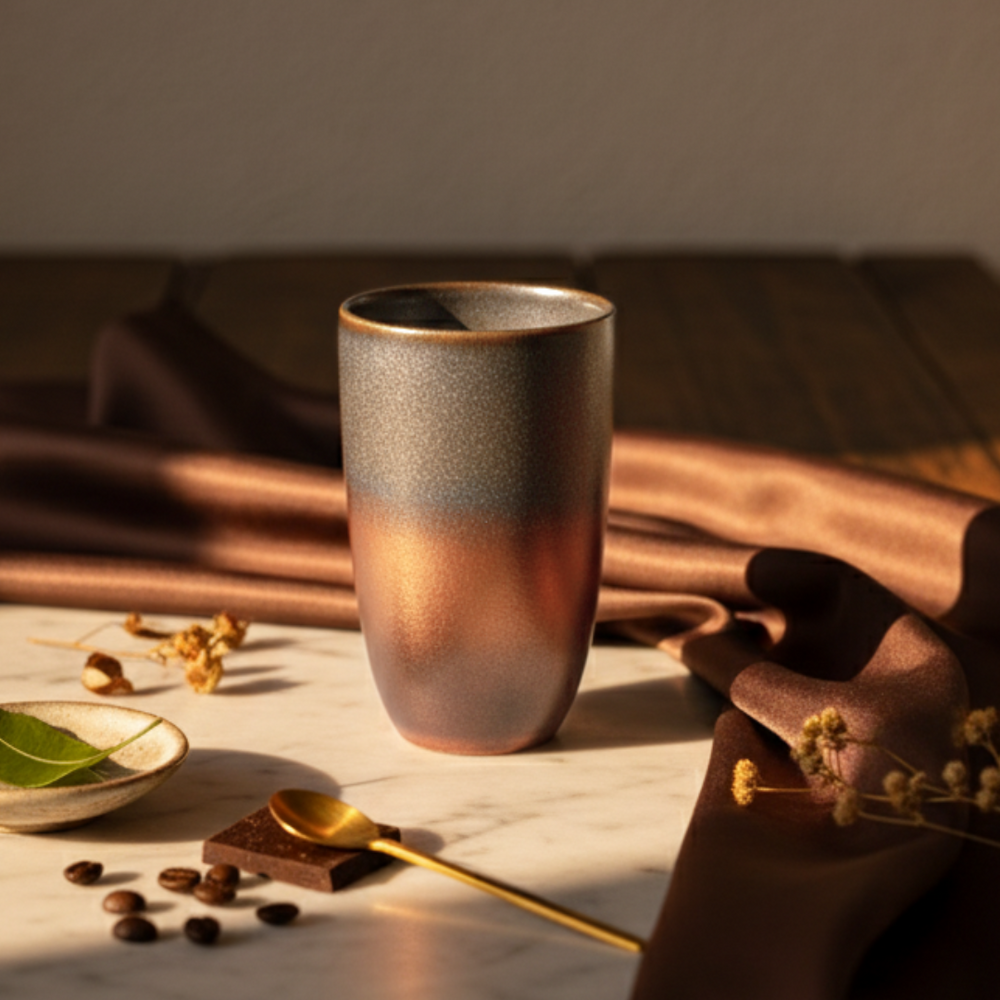 Ceramic mug on a wooden surface with coffee beans, a spoon, and decorative elements.