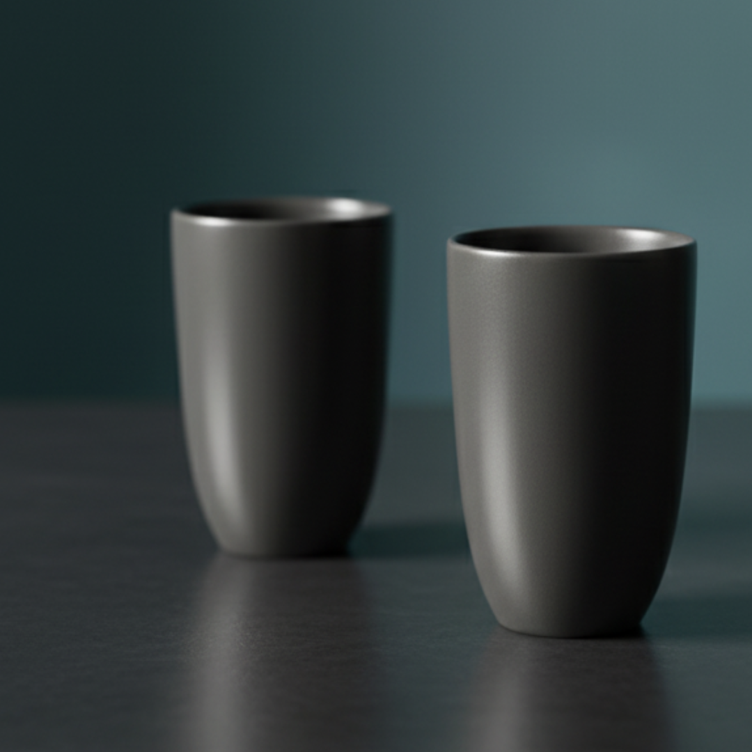 Minight Colour - Two dark grey ceramic cups on a reflective surface with a gradient blue background