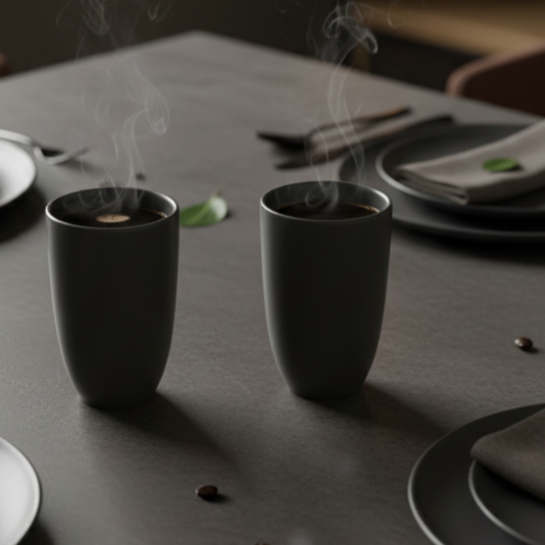 Two black cups with steam on a dark table setting. A lifestyle companion for single rogin coffee and chocolate. Made for URKU and to be enjoyed by you. 