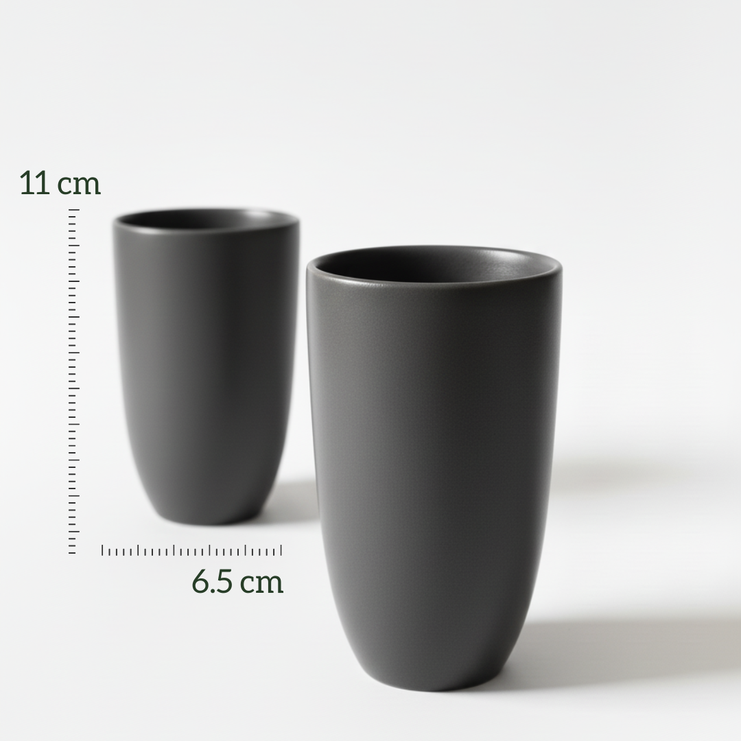 Mightnight Grey - Two black cups with measurements on a white background