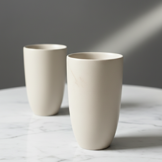 Full Moon - Two grey-beige ceramic cups on a marble surface with a grey background