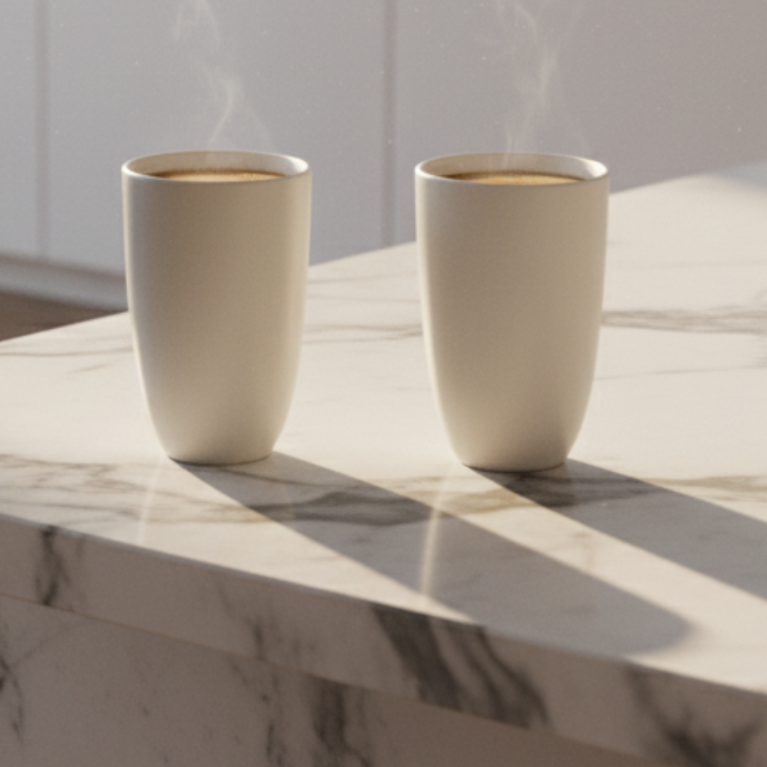 Full Moon - Two grey-white ceramic cups on a marble surface with steam rising from them.