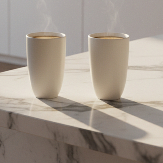 Full Moon - Two grey-white ceramic cups on a marble surface with steam rising from them.