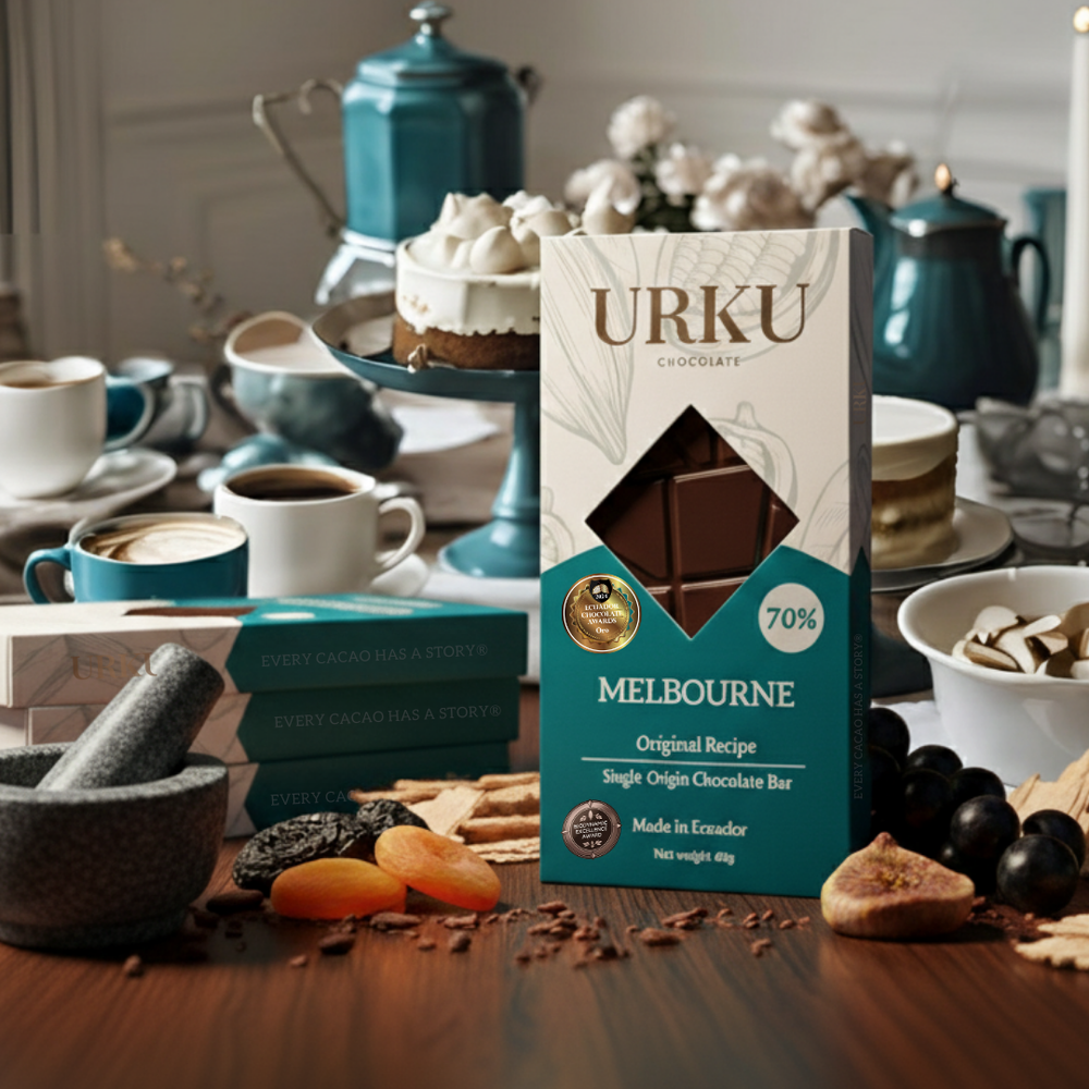 URKU Original award-winning chocolate bar packaging on a table with coffee and pastries