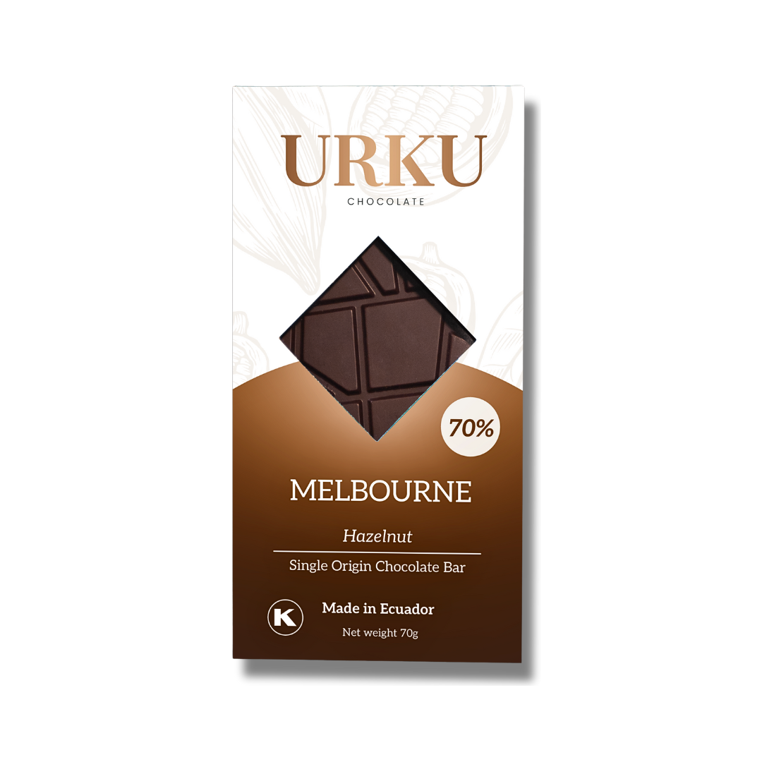 URKU artisan chocolate Melbourne: Melbourne Hazelnut bar featuring 70% dark chocolate and golden roasted hazelnuts.