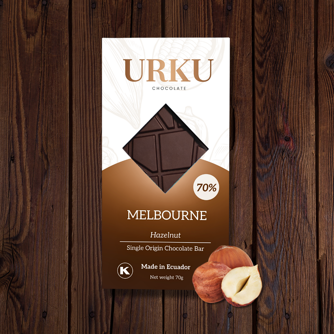 Luxury hazelnut chocolate from Melbourne — URKU Melbourne Hazelnut, a premium dark chocolate bar with nutty crunch.
