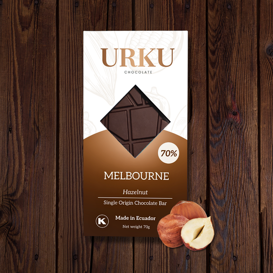 Luxury hazelnut chocolate from Melbourne — URKU Melbourne Hazelnut, a premium dark chocolate bar with nutty crunch.