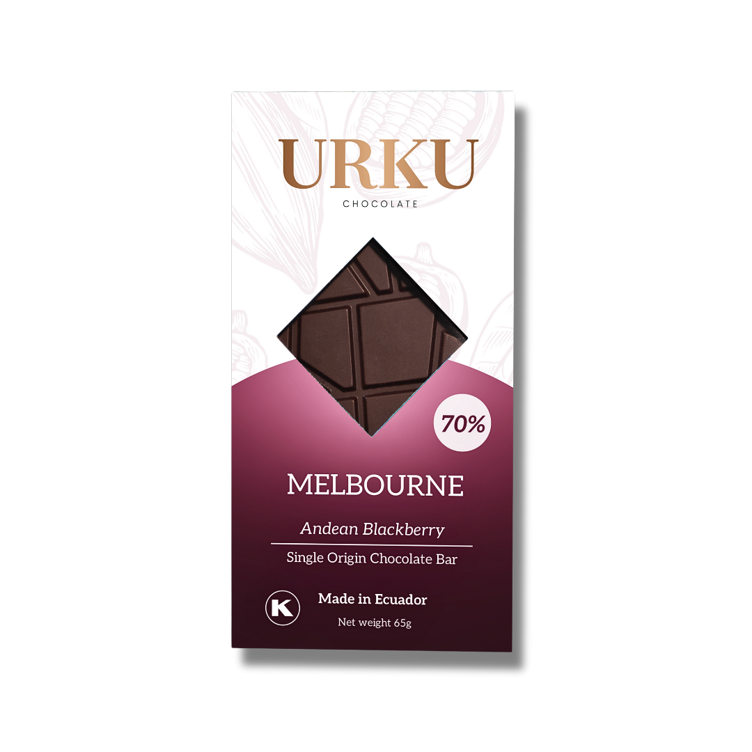 URKU chocolate bar packaging with a maroon background and a chocolate bar. Spring 2025.