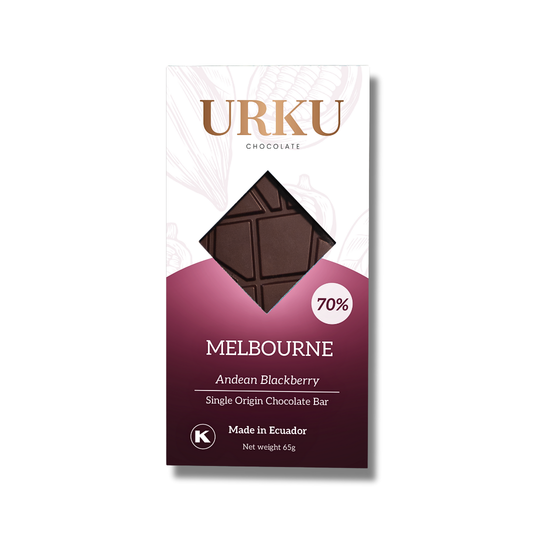 URKU chocolate bar packaging with a maroon background and a chocolate bar. Spring 2025.