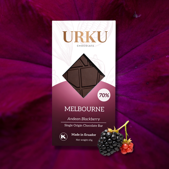 Spring 2025 Andean Blackberry URKU chocolate bar packaging with Andean blackberry on a purple background.
