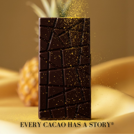 Dark chocolate bar with gold pineapple dust on a gold background, featuring the text 'Every Cacao Has a Story'.