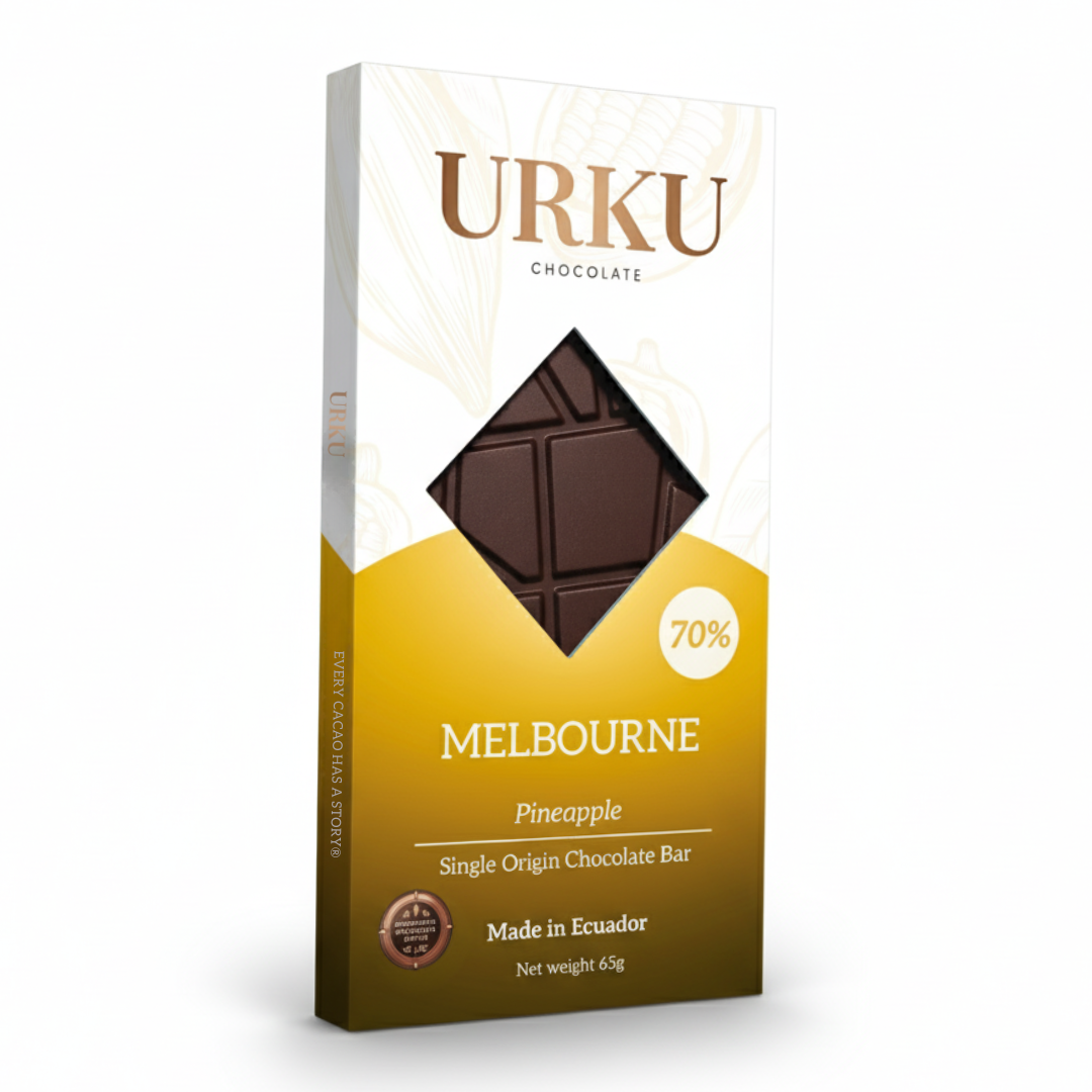 Award-winning URKU Melbourne Pineapple 70% Dark Chocolate Bar, a tropical-themed vegan gift.