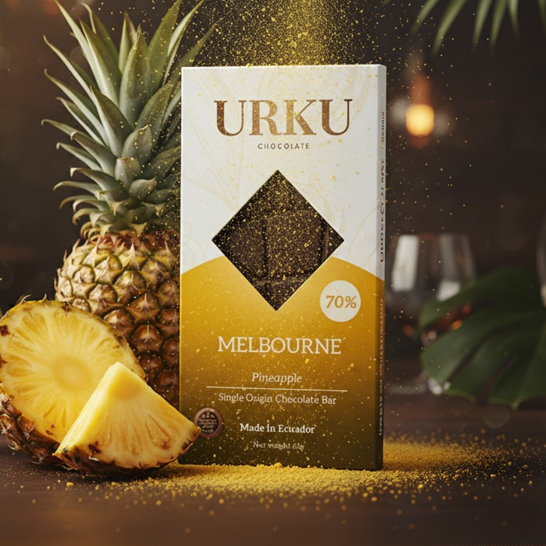 URKU chocolate bar packaging with a pineapple next to it on a dark background