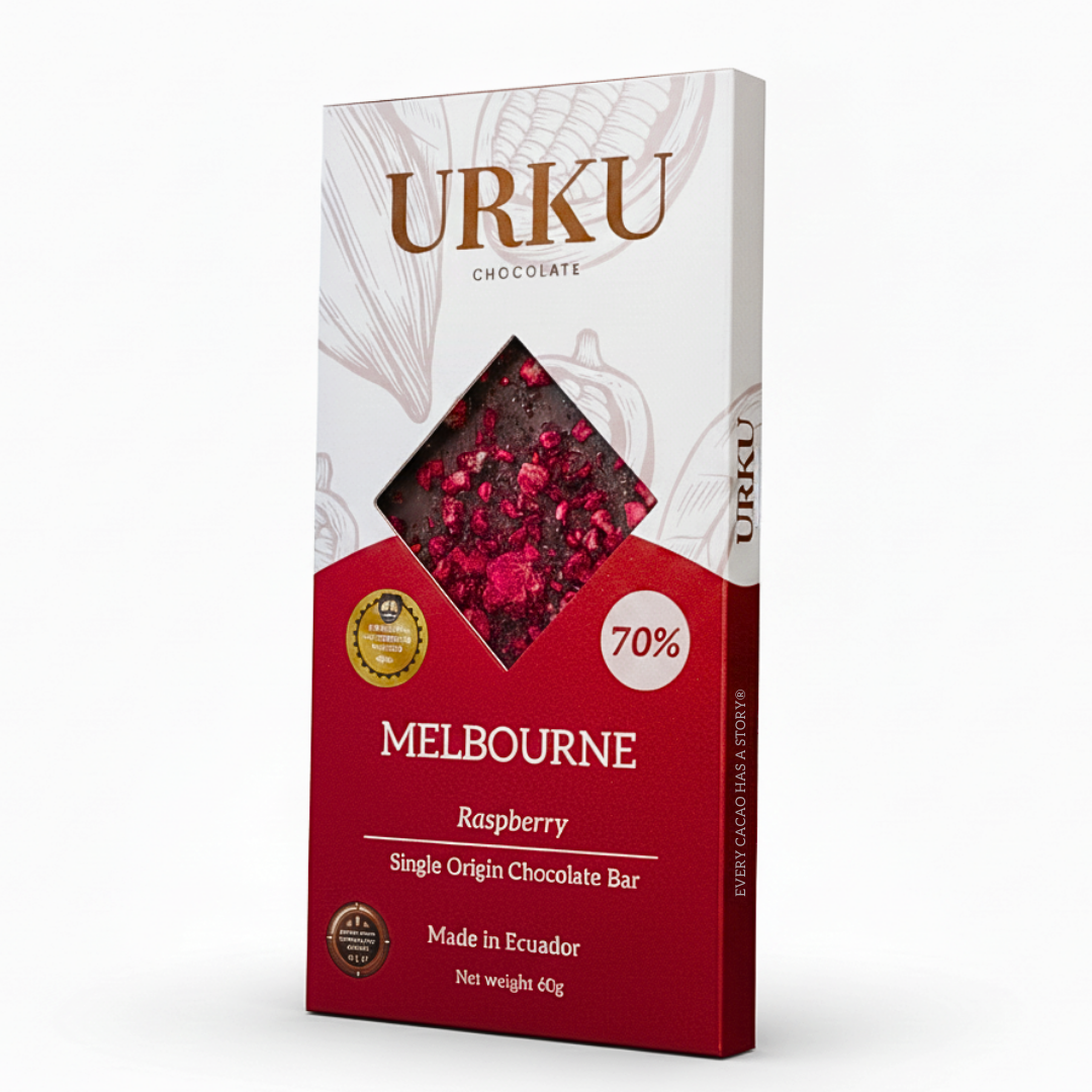 Award-winning URKU Melbourne Raspberry 70% Dark Chocolate Bar, a perfect vegan gift.