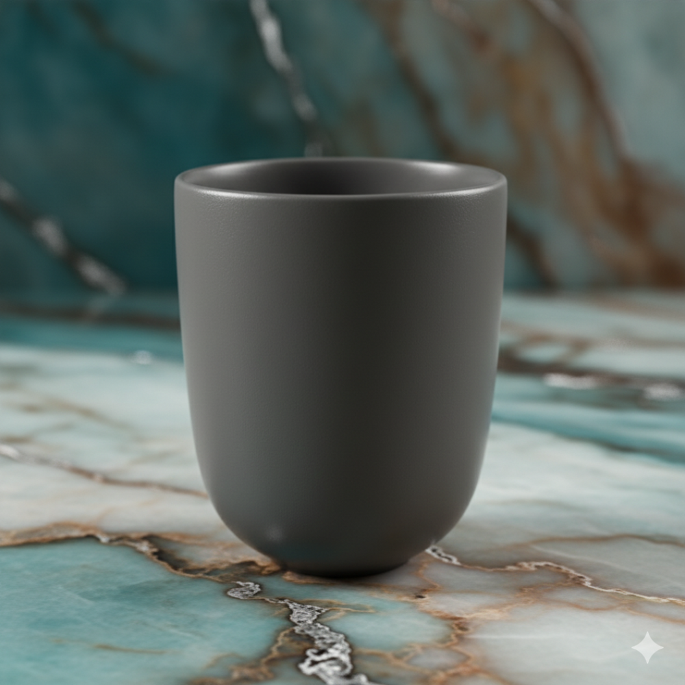 A set of two small grey ceramic cups on a marble surface with a blurred natural background, espresso and chocolate tasting cups from URKU Chocolate House.