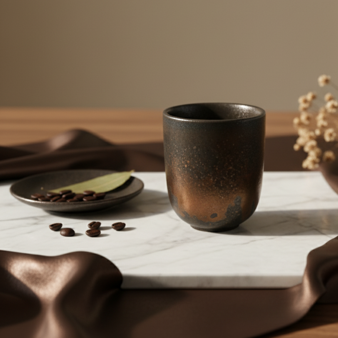 Alba ceramic cup lifestyle shot on a marble surface with coffee beans and a plate in the background.