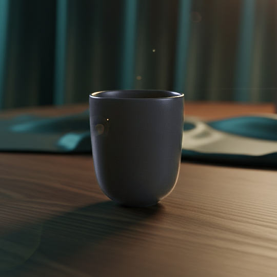 Grey ceramic cup on a marble surface with a blurred natural background