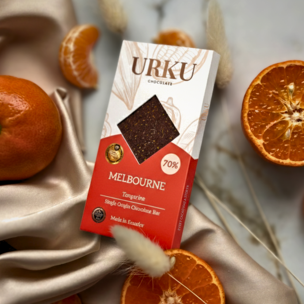 URKU Melbourne Tangerine chocolate bar packaging with tangerines on a zesty background