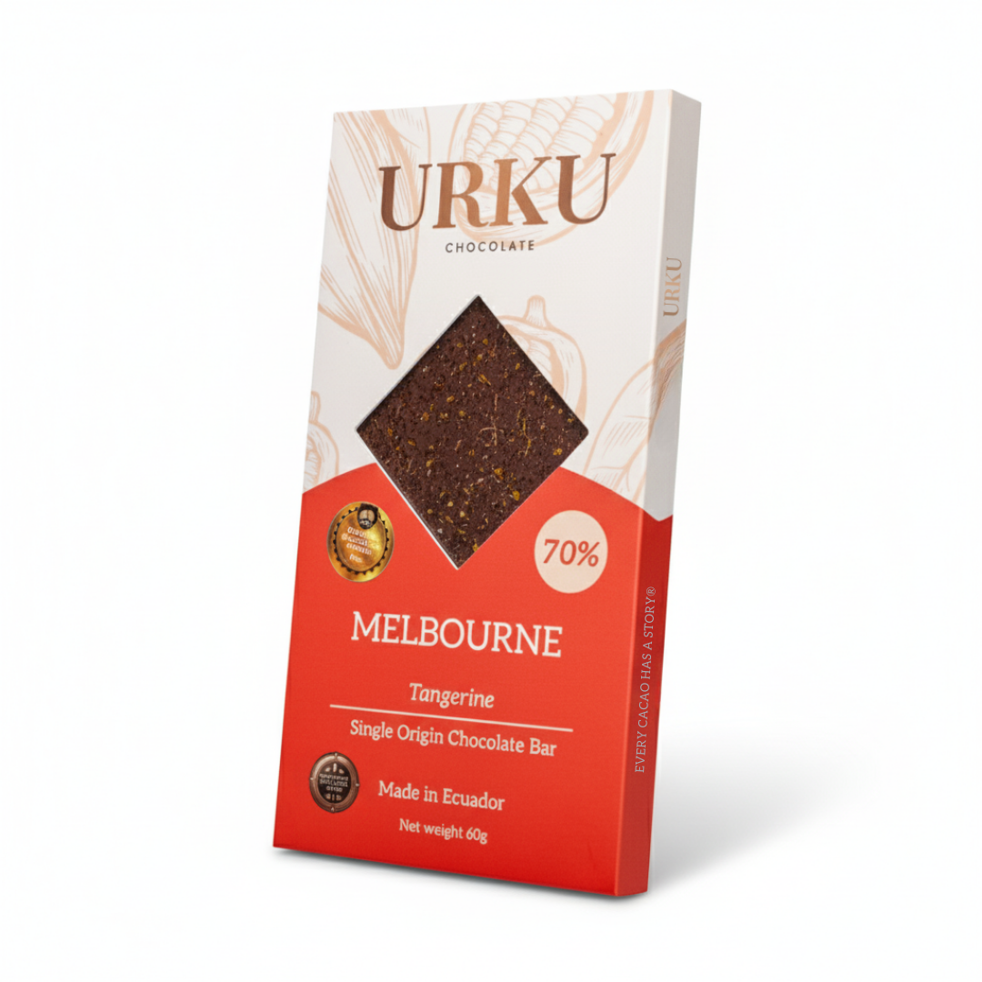 Award-winning URKU Melbourne Tangerine 70% Dark Chocolate Bar, a citrus-themed vegan gift.