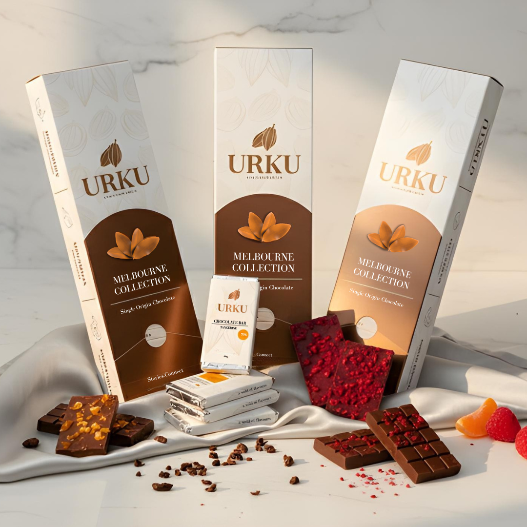 URKU chocolate mini bars hotel collection and packaging on a light background